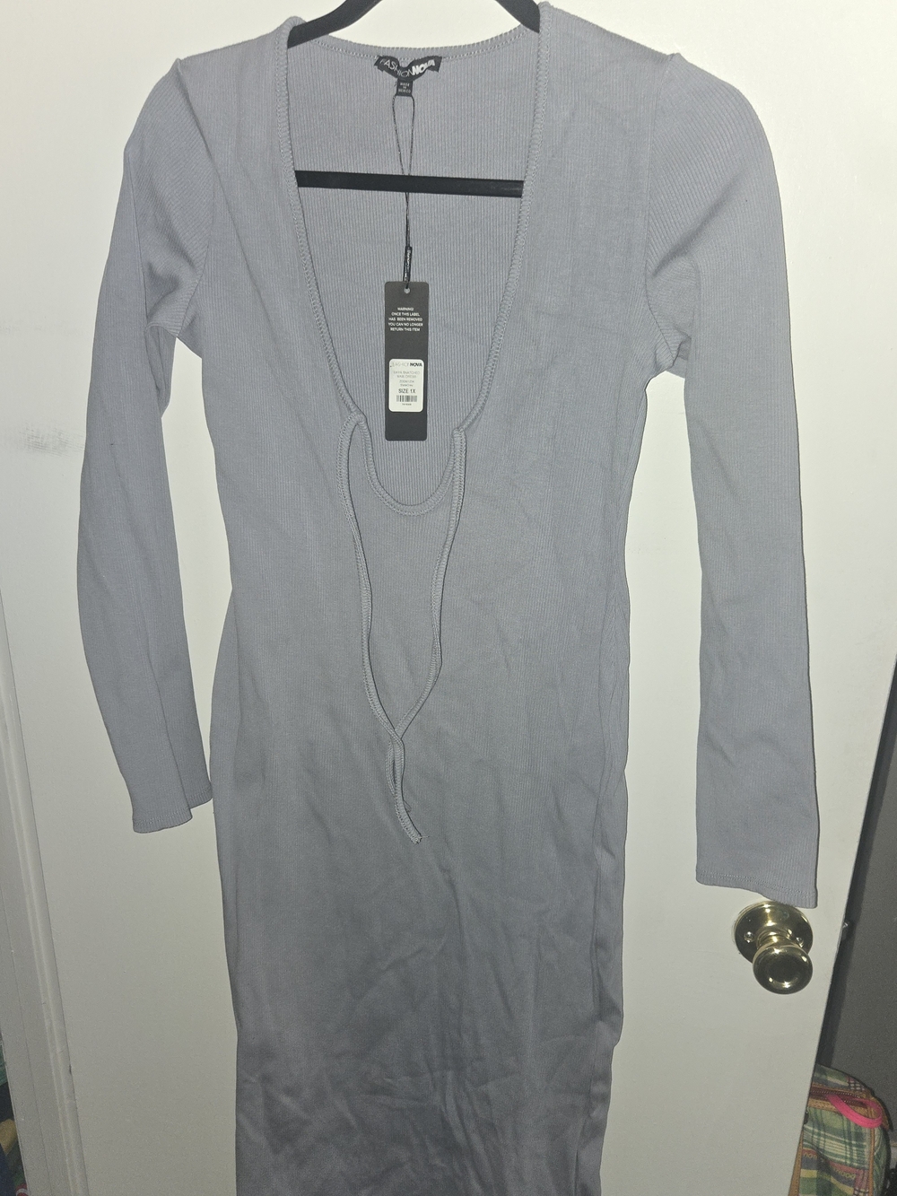 Fashion Nova Long Sleeve Deep V Ribbed Maxi Dress - Light Gray